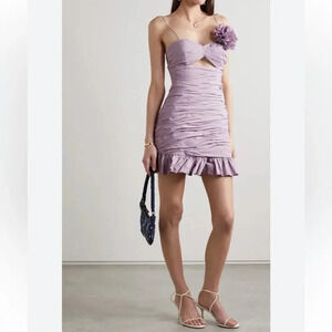 LOVESHACK FANCY Jessilyn Ruched‎ Rosette Ruffle Hem Mini Dress in Lavender XS